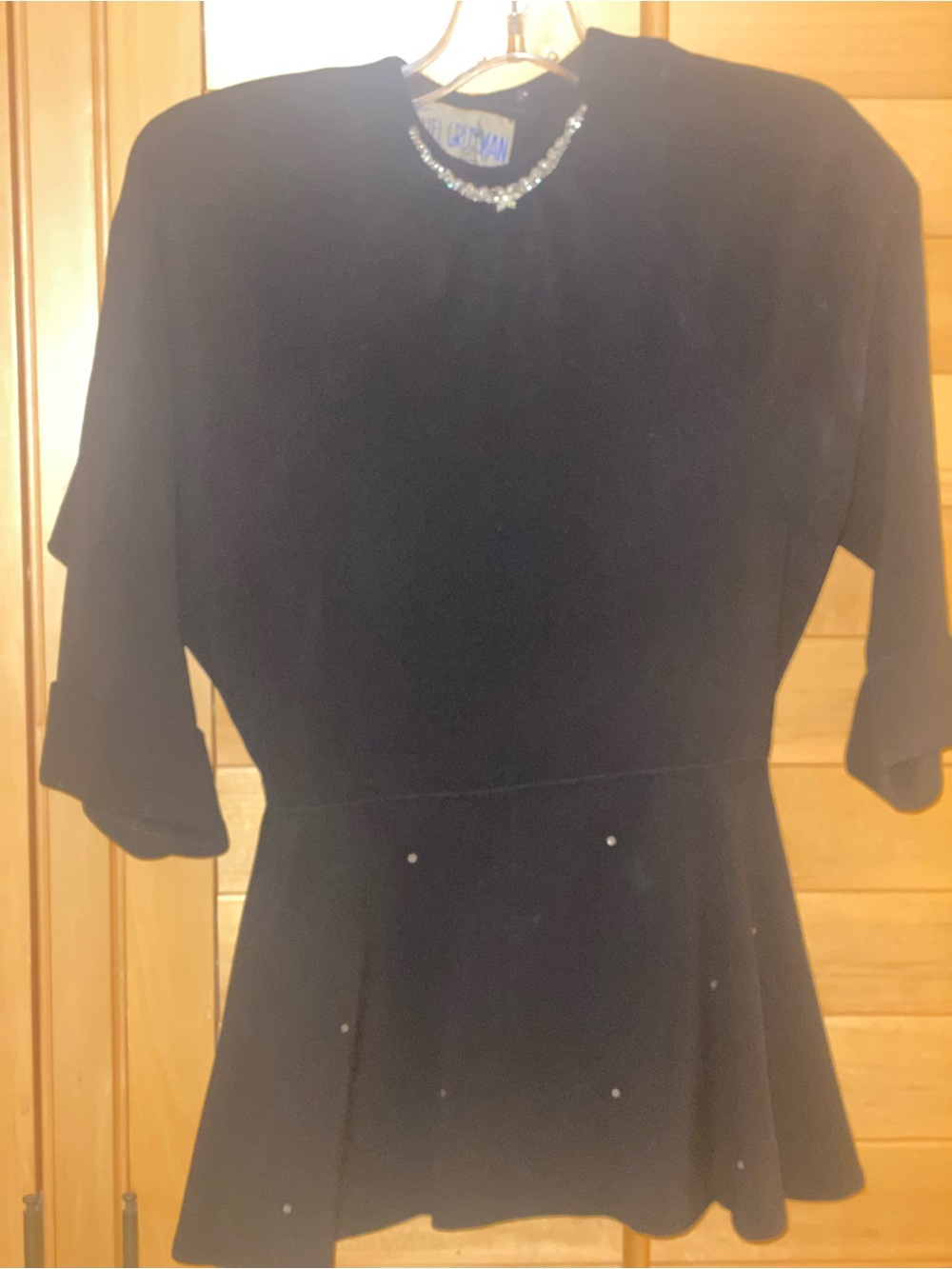 Vtg 1950s Samuel Grossman Black Velvet Peplum Top Rhinestone Collar Blouse
